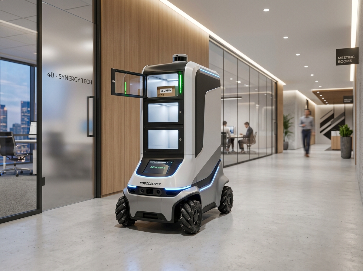 Nexon Speedybot Pro Delivery Robot in office hallway