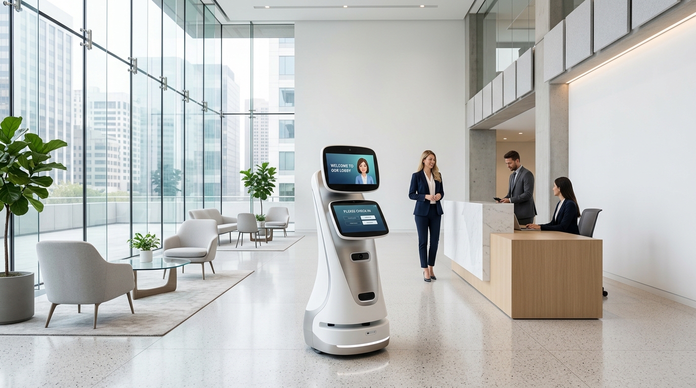 Amy Dual Screen Reception Robot welcoming guests in a corporate lobby