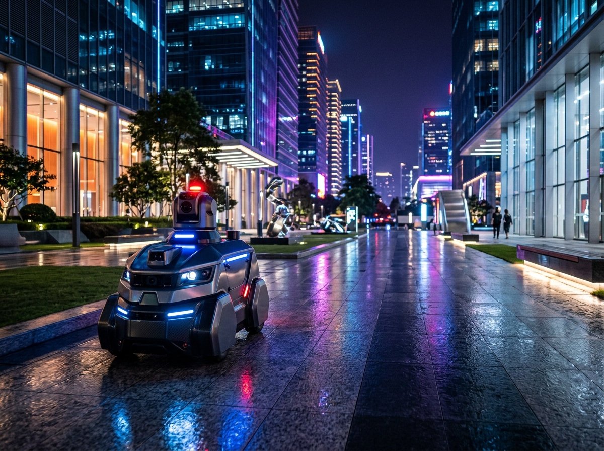 Nexon Specopsbot Patrol Robot guarding corporate plaza at night